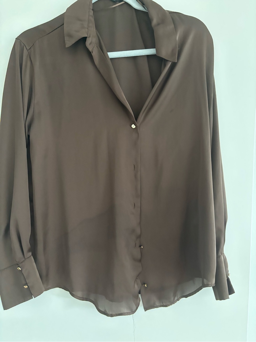 Zara Chocolate Brown Satin Button-Down Blouse